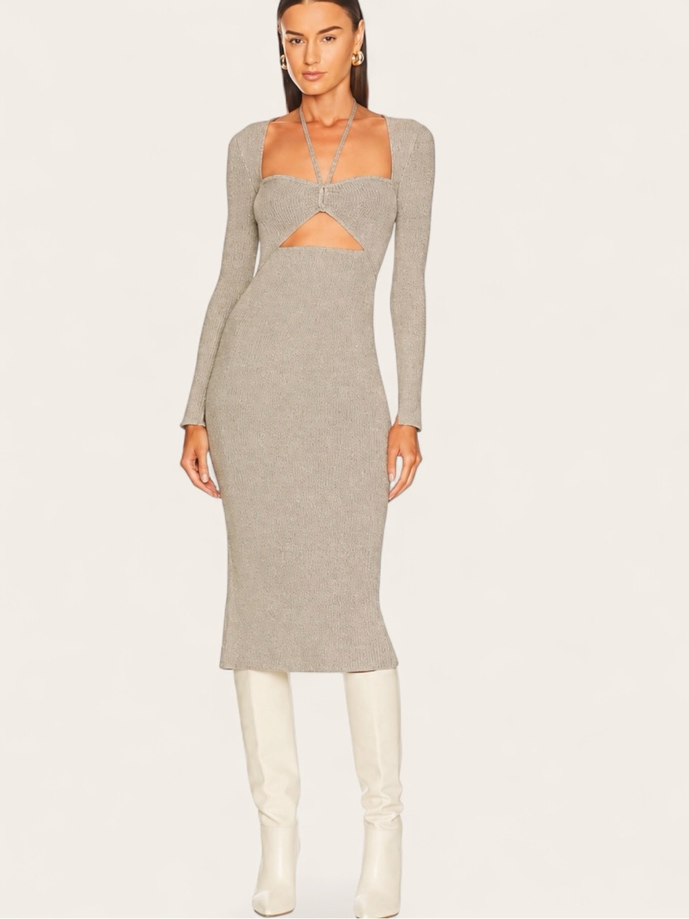 Jonathan Simkhai Danika Metallic Cutout Midi Dress in Nougat Size Small